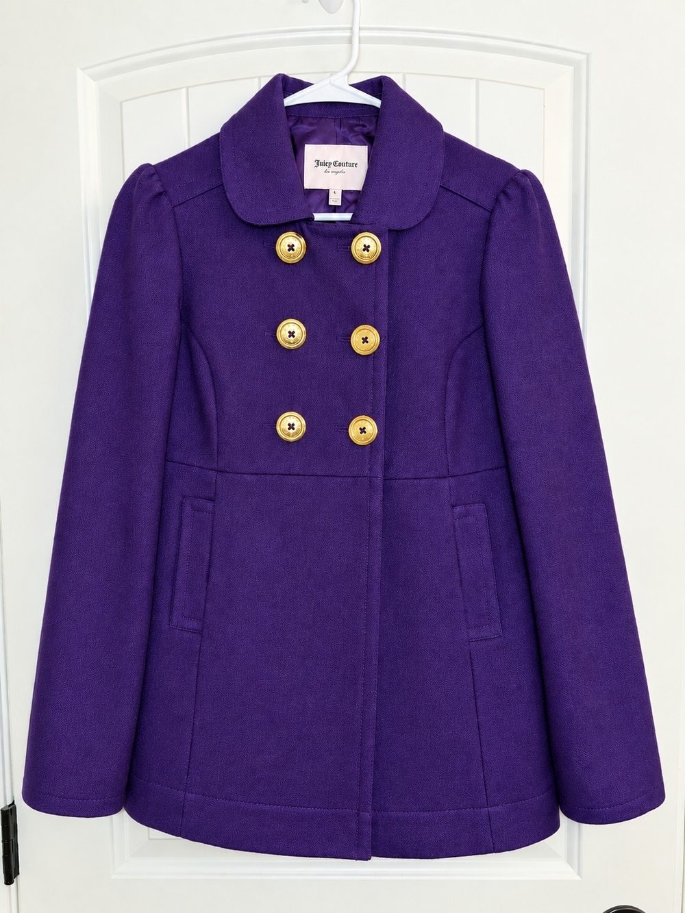 Juicy Couture Women's Purple Double-Breasted Pea Coat with Gold Buttons - Medium